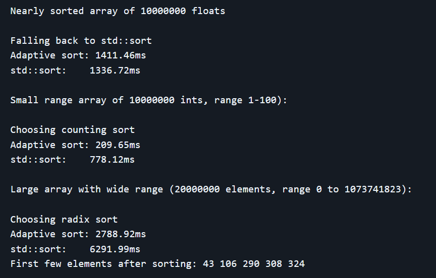 sorting algorithm output demonstrating performance benefits